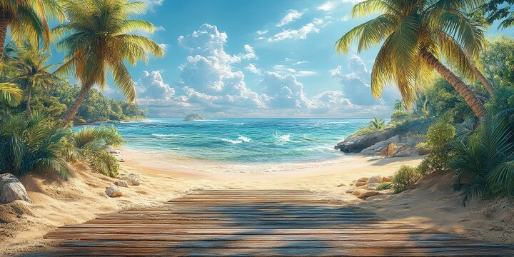 Scenic tropical beach landscape with wooden pathway and palm trees under a bright sky
