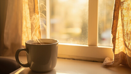 Warm morning coffee by the window golden sunlight