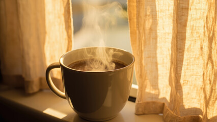 Warm morning coffee steam cozy window sunlight