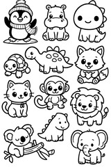 Funny cartoon animal vector icon set with dog, cat, lion, elephant, sheep, tiger, cow, pig, bear, rabbit, horse, mouse, and panda