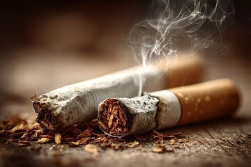 Two burning cigarettes are releasing smoke, resting on a wooden surface covered with loose tobacco, highlighting the dangers of smoking and nicotine addiction