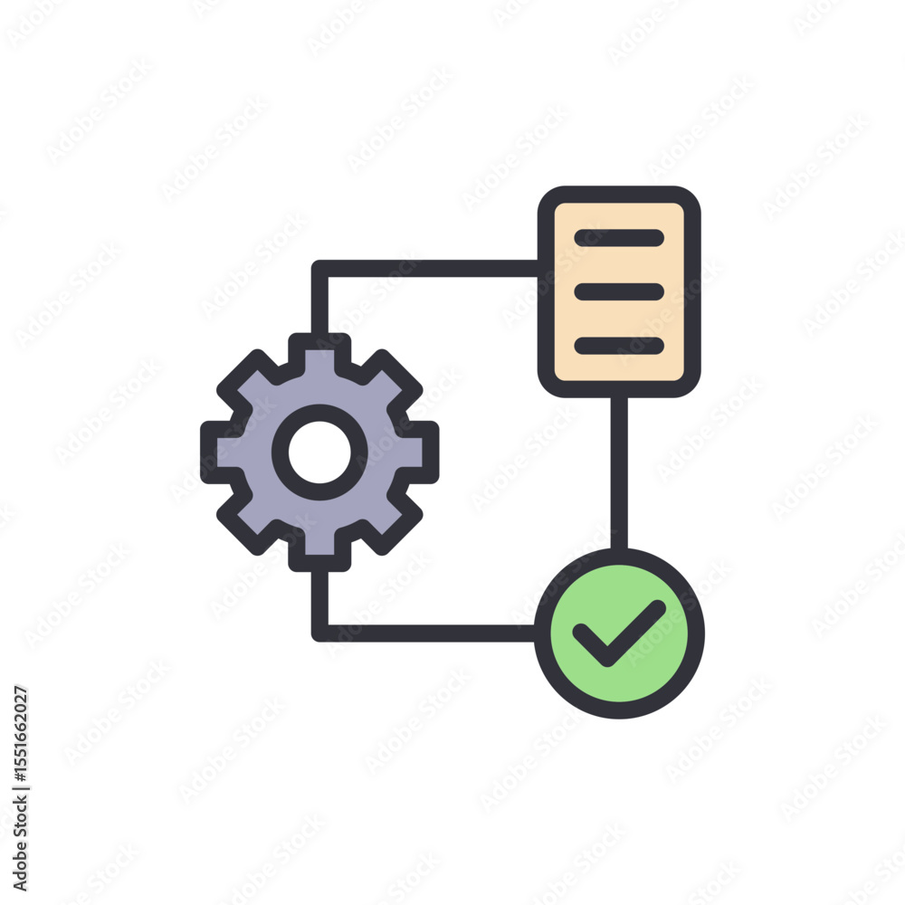 Poster automation process with document and checkmark symbol on transparent