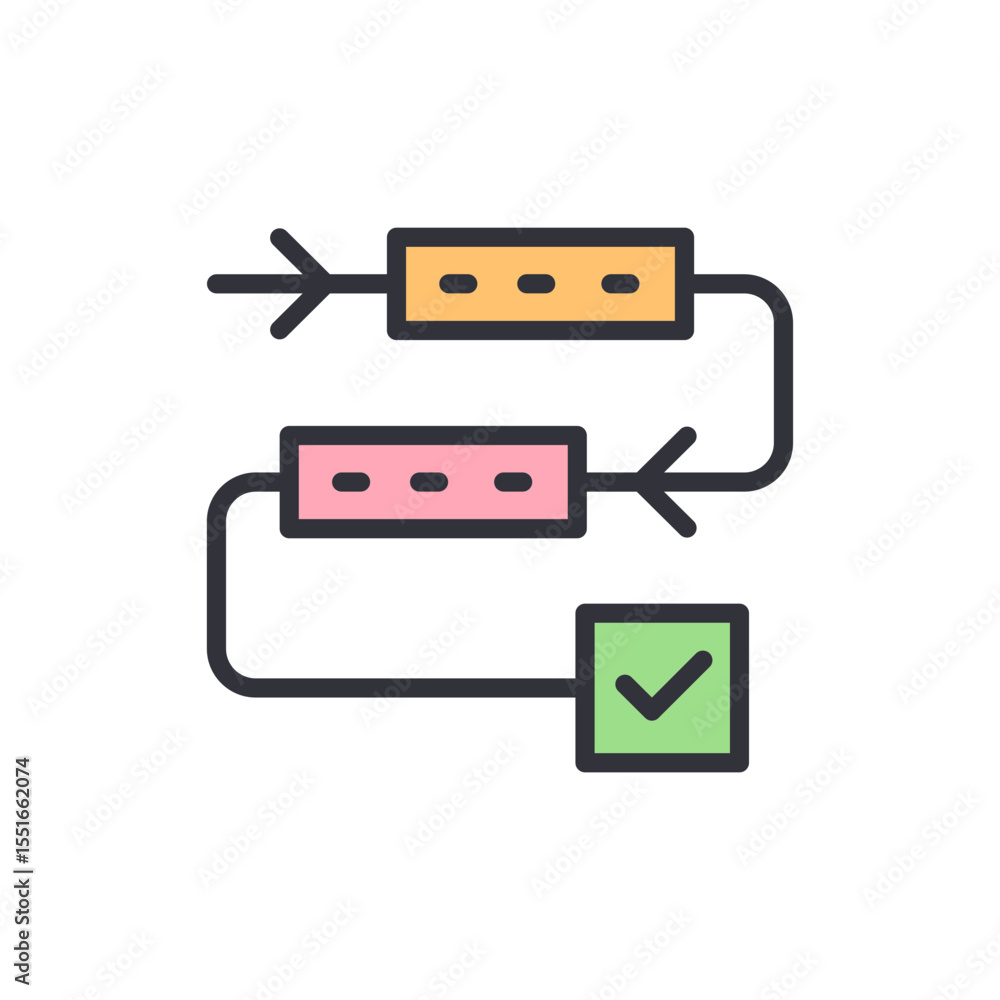 Poster illustration of a workflow process with check mark symbol on a transparent layout
