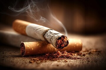 Smoldering cigarette rests on another cigarette with loose tobacco scattered around, emphasizing the harmful effects of smoking and the concept of addiction