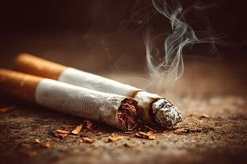 Two burning cigarettes are releasing smoke and ash, resting on a gritty, textured surface, creating a dramatic and evocative scene related to smoking habits and health risks