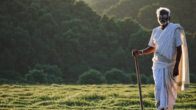 Elderly man in traditional attire stands in a lush field, holding a stick. Side angle captures serene, cinematic video style with natural lighting.