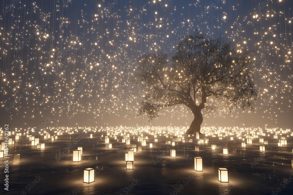 Poster the background is filled with white, glowing lights that create an ethereal atmosphere. in front of 