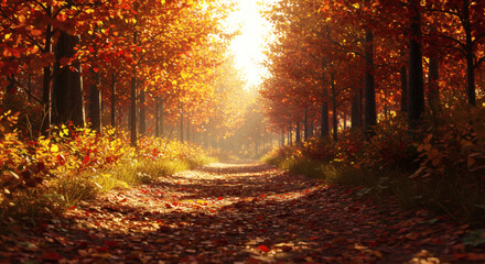 Fototapeta premium Golden Autumn Forest Path A Dynamic Scene of Nature's Majesty