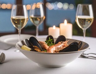 Bouillabaisse marseillaise avec poissons de roche, pommes de terre, crevettes et moules. Generated image