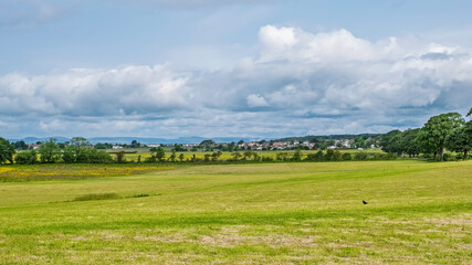  Looking over the fields and hedges to the town of Troon in the far distance in South Ayrshire Scotland