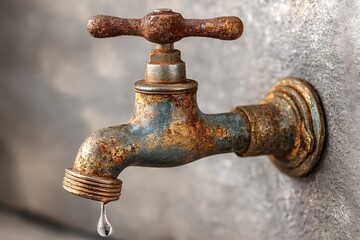 Close up of an old, rusty faucet dripping water against a gray background, highlighting water scarcity, conservation, and the need for plumbing repair