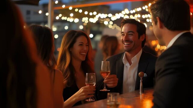 joyful celebration among friends at chic rooftop bar illuminated by string lights creates a memorable ambiance