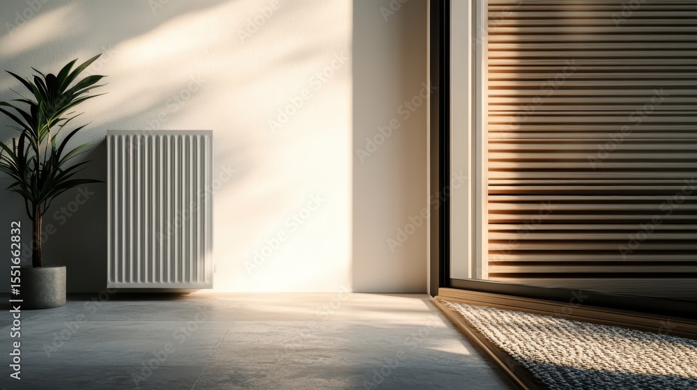Poster an elegantly designed indoor space featuring soft light filtering through a window, creating a calm 