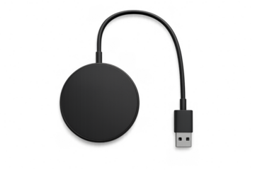 Black wireless charger pad with usb cable on transparent background