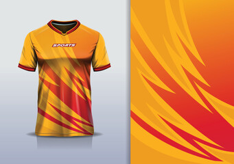 T-shirt mockup abstract curve line flash jersey design for football, soccer, racing, esports, running, in yellow red color © Nimpuna O