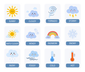 Learning weather, forecast vocabulary for kindergarten, primary school, preschool. Cute weather vector set for kids with funny sun, rainbow, cloud character. Cloudy, sunny, windy, rainy, snowy, stormy