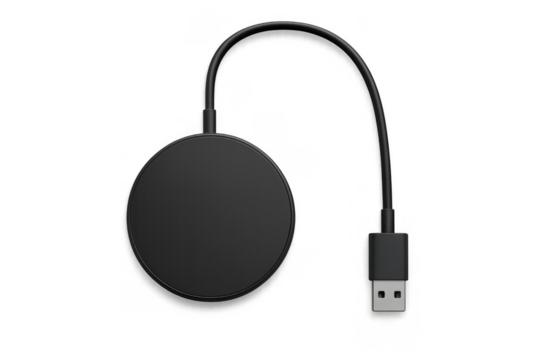 Black wireless charger pad with usb cable on transparent background