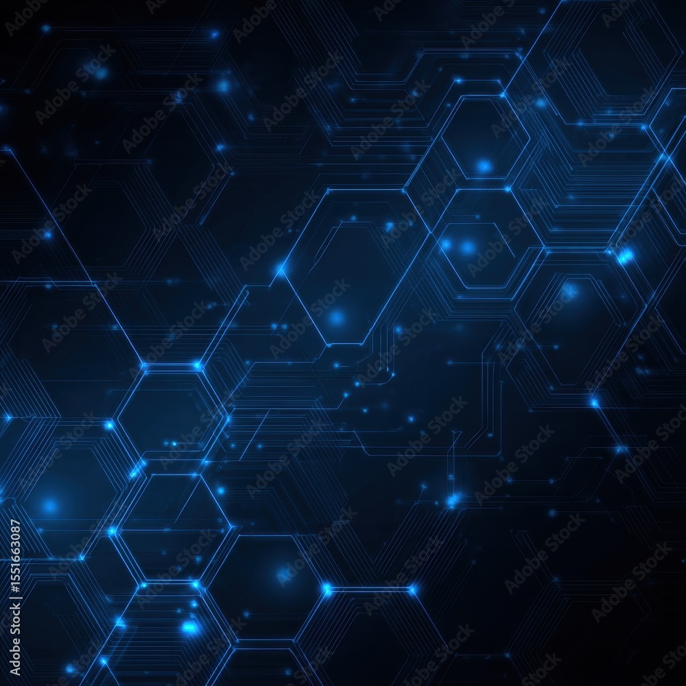 Aufkleber blue illuminated hexagons interconnected with lines on a dark textured backdrop