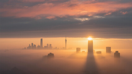 The first morning light illuminates the city sky