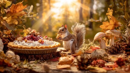 Obraz premium Curious Squirrel with Rustic Berry Pie in Enchanted Forest