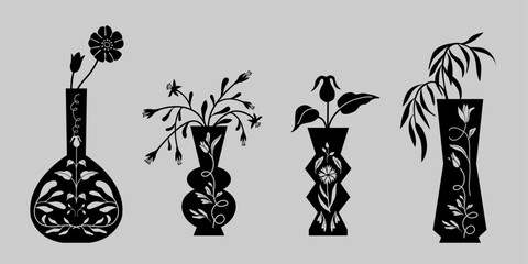 Botanical silhouettes in decorative vessels, Modern pottery design, Flower vases, isolated vector.