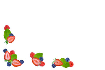 Fresh summer berries with mint leaves arranged in corners on white background. Minimalistic berry frame, 