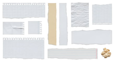 Collection of crumpled and torn paper pieces isolated PNG with Transparent Background