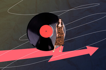 Composite sketch image design trend artwork collage of vinyl record playlist young woman stand...