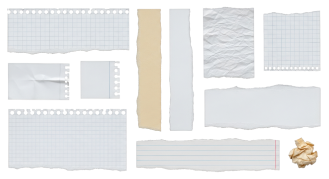 Collection of crumpled and torn paper pieces isolated PNG with Transparent Background