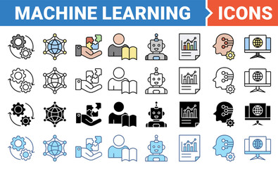 Fototapeta premium Machine learning icon set with multiple style collection.