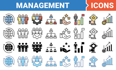 Management icon set with multiple style collection.