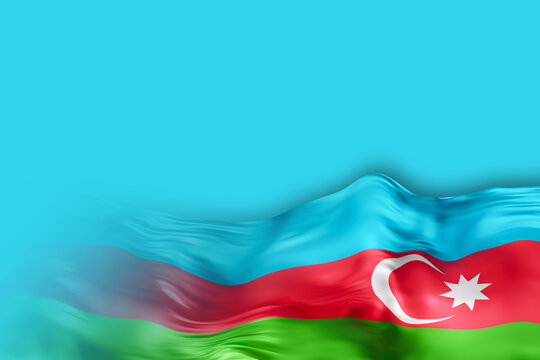 Waving Azerbaijani national flag in a bright blue background creates a striking visual. The design allows space for text, suitable for announcements or promotions related to Azerbaijan