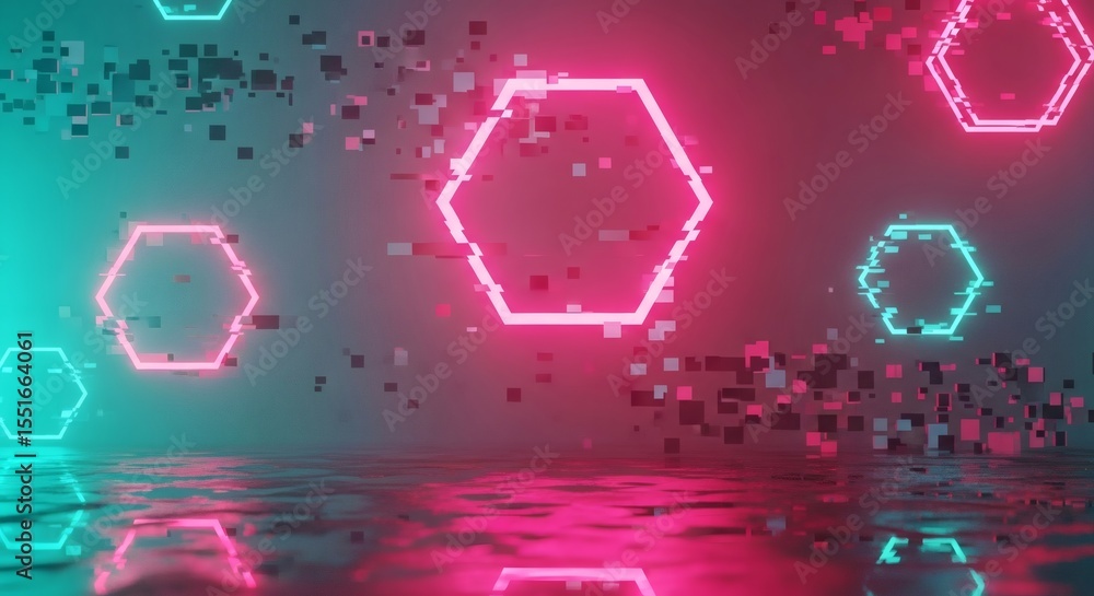 Poster abstract neon hexagon shapes with glitch effect and reflective surface