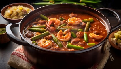 Fototapeta premium a bubbling cauldron of gumbo with okra shrimp and andouille sausage concept of creole cooking and cultural melting pots