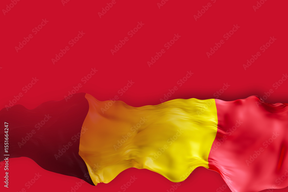 Fototapete A striking display of the Belgium flag in a 3D rendering, set against a bold red background. The flag gracefully waves, providing suitable space for additional text or information