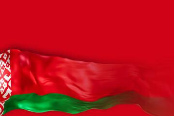 Naklejka premium The Belarus national flag exhibits vibrant colors of red and green, gracefully flowing against a solid background. This design offers ample space for adding custom text and messages