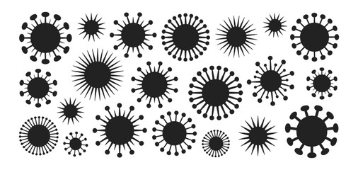 Set of black silhouette virus icons with varied spike and circular designs, vector illustration. Includes abstract representations of viral particles for medical and scientific concepts.
