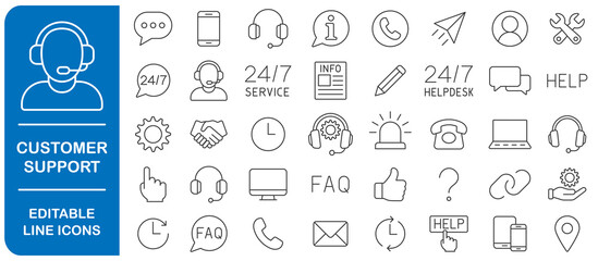 Customer Service and Support Editable stroke line icon set. Outline Icons Collection. Thin Line Set contains Online Help, Helpdesk, Quick Response, Feedback. Vector illustration image. Isolated  