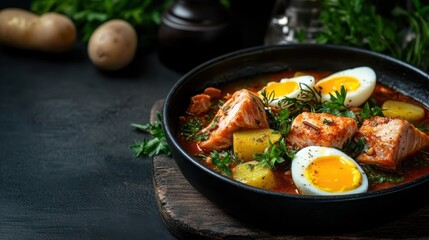 A tantalizing plated dish featuring succulent salmon chunks, eggs, and potatoes is garnished with fresh herbs, highlighting a delectable fusion of flavors and culinary artistry.
