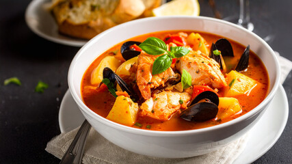 Bouillabaisse, plat traditionnel marseillais, composés d'un court-bouillon de poissons avec poissons de roche, crevettes, pommes de terre, croûtons de pains avec rouille et épices. Generated Image. 