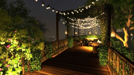 Obraz premium Outdoor patio at night with string lights and greenery.