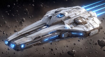 Fototapeta premium A spaceship from the future maneuvers through a field of debris in the depths of space