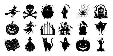 Collection of spooky Halloween silhouettes featuring witches ghosts pumpkins and more