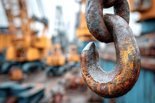 Close up of a rusty hook hanging, with blurred construction cranes and heavy machinery in the background, suggesting a setting of industrial operations or a scrapyard