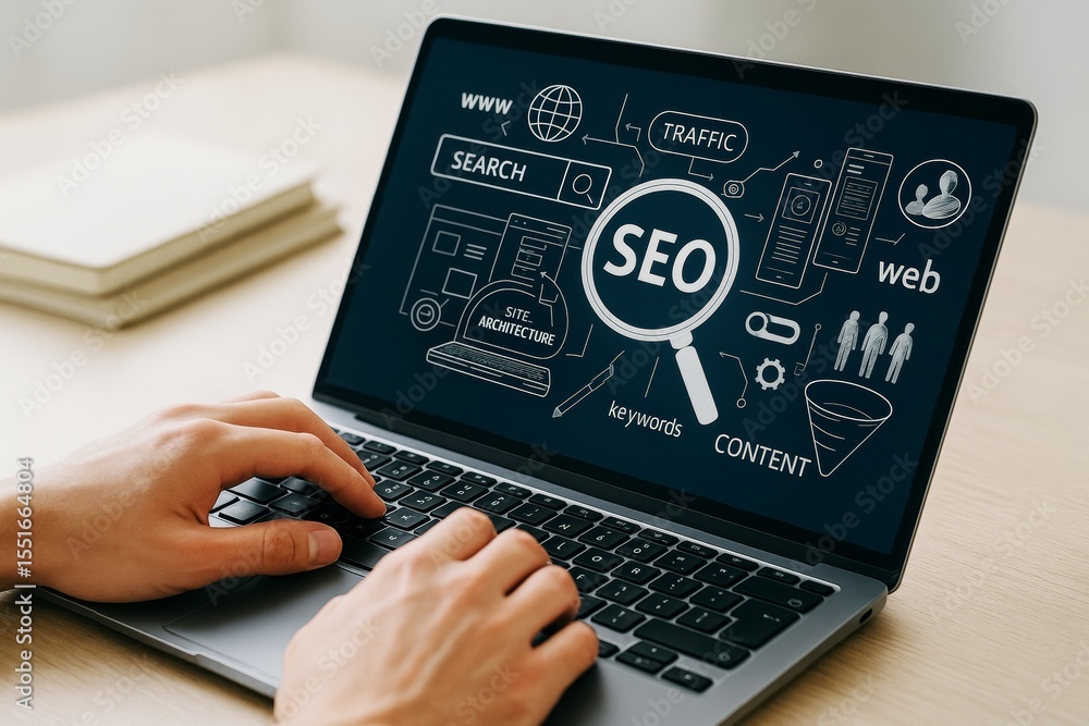 Poster Person using laptop displaying SEO strategy infographic with keywords, traffic, and content optimization elements on screen on light background.