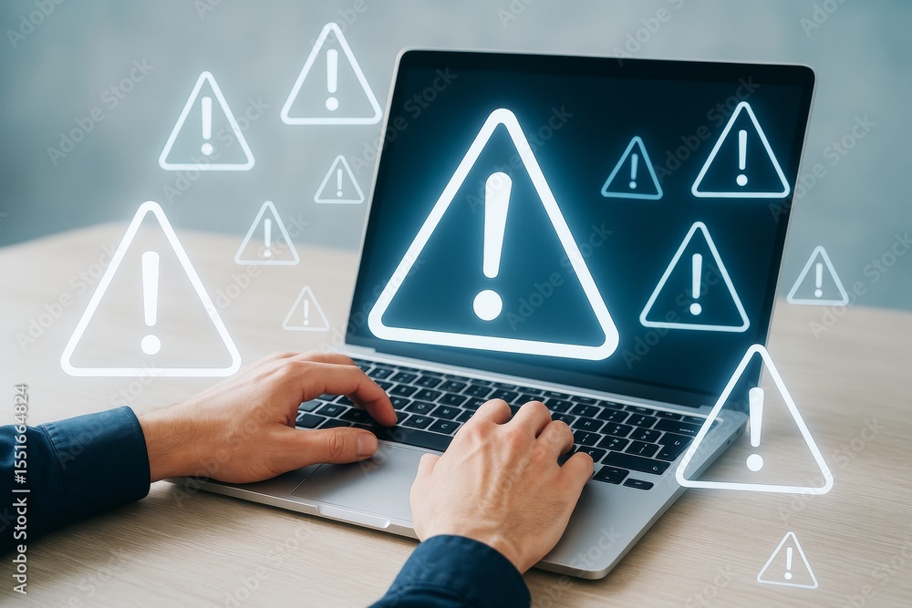 Poster Hands typing on laptop with glowing warning signs and exclamation marks representing cybersecurity risk on soft blue background. Ai generative.