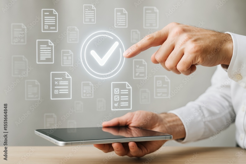 Poster Digital document validation with check mark icon above tablet and hand pointing at hologram on light tech background concept of data approval.