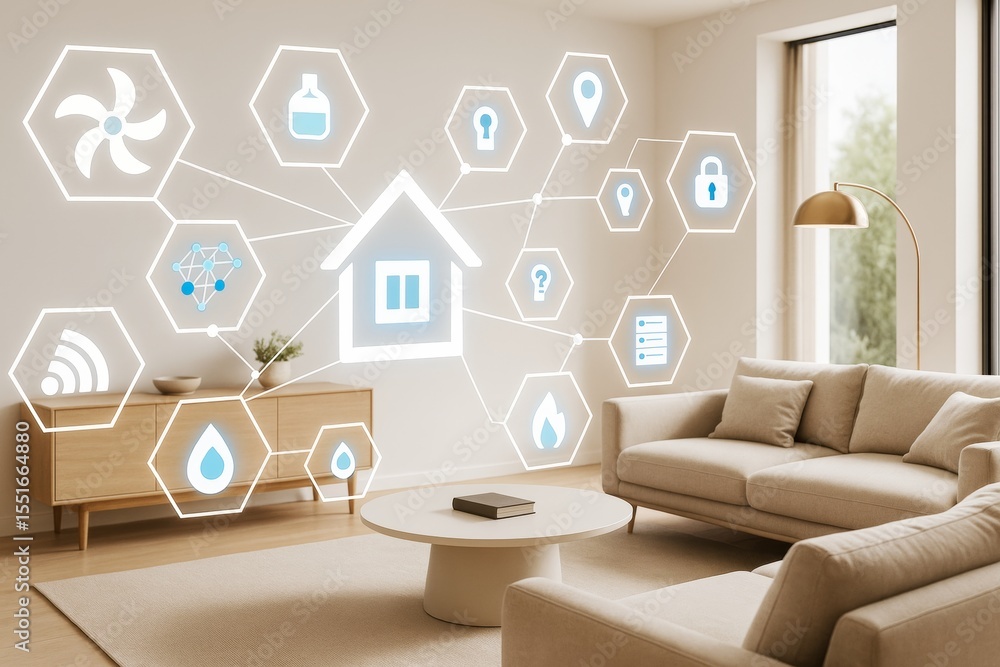 Poster smart home interface icons connected in a modern living room with beige furniture and tech elements 