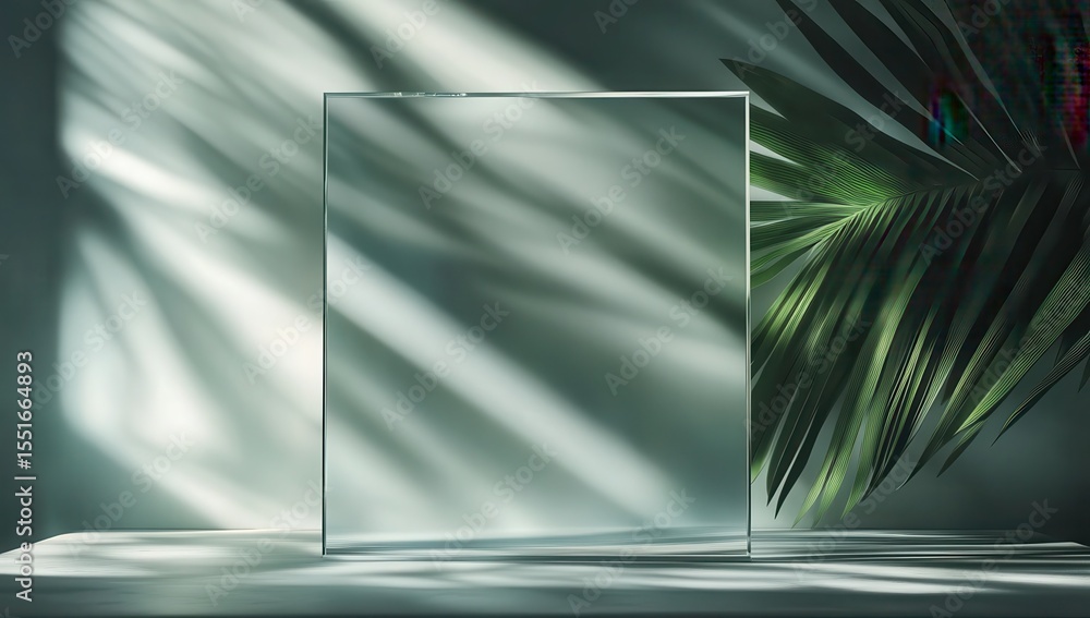 Poster a close-up shot of an empty glass frame on the table, in front view, with a blurred window and green