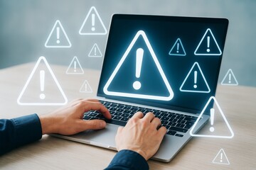 Hands typing on laptop with glowing warning signs and exclamation marks representing cybersecurity risk on soft blue background. Ai generative.